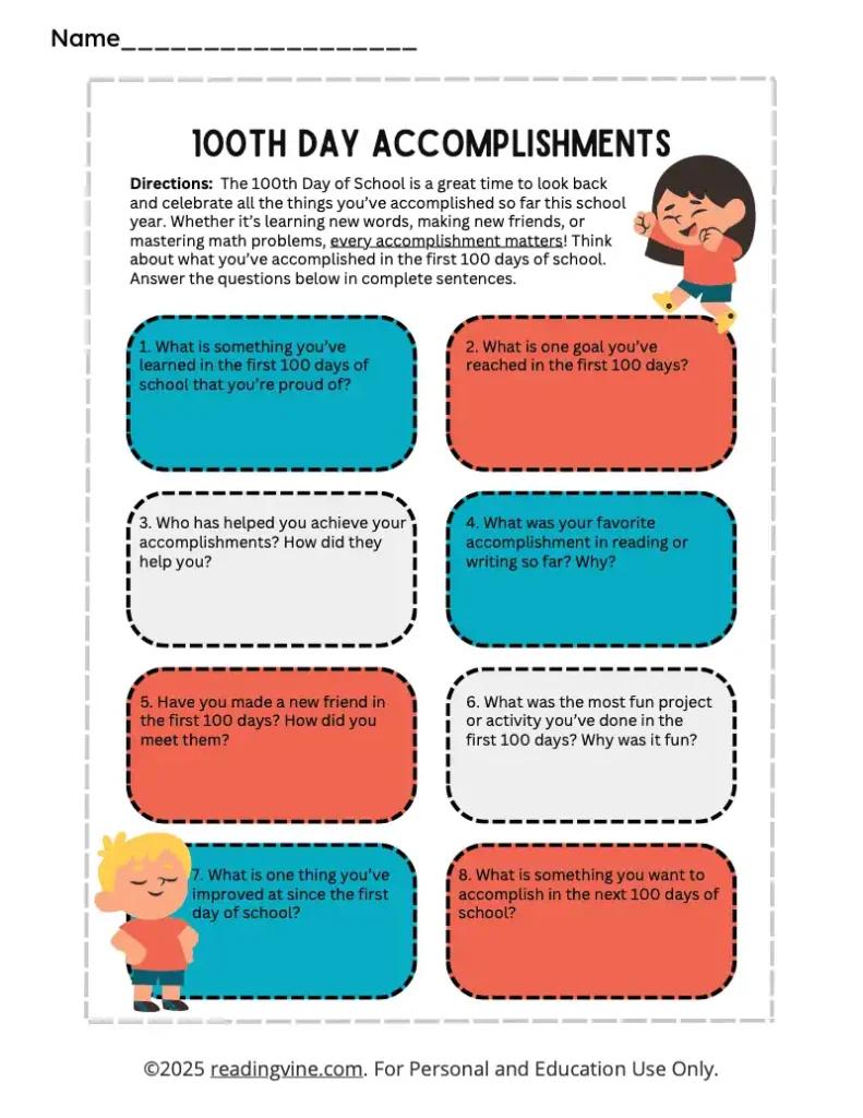 100th Day of School Write Your Accomplishments