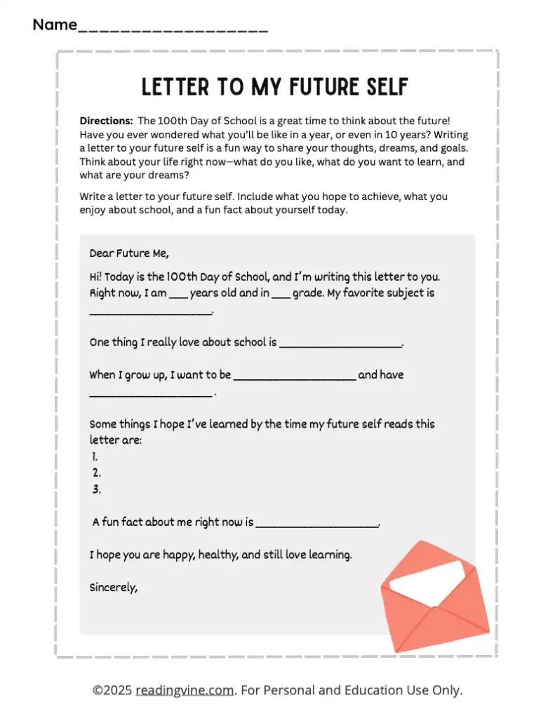 100th Day of School Writing a Letter to My Future Self