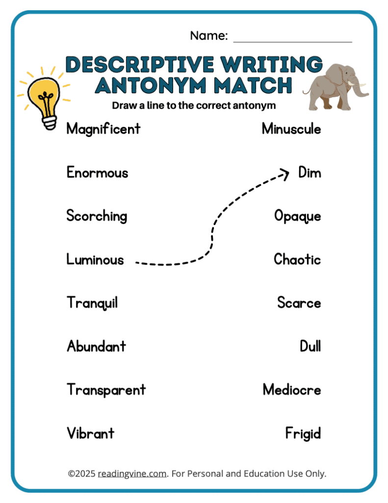 Descriptive Writing Antonym Match