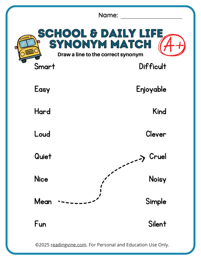 School and Daily Life Synonym Match