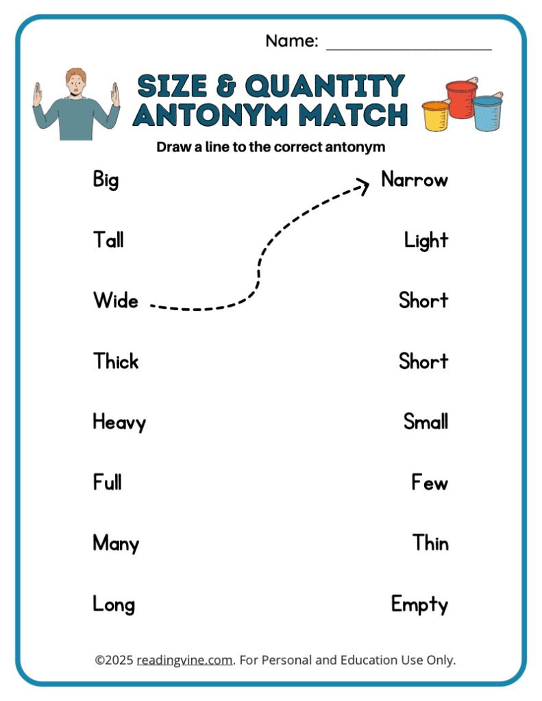 Size and Quantity Antonym Match