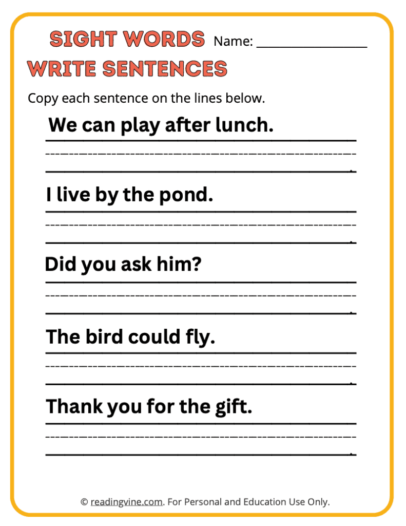 1st Grade Copy the Sentences Sight Words 1