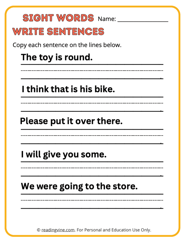 1st Grade Copy the Sentences Sight Words 2