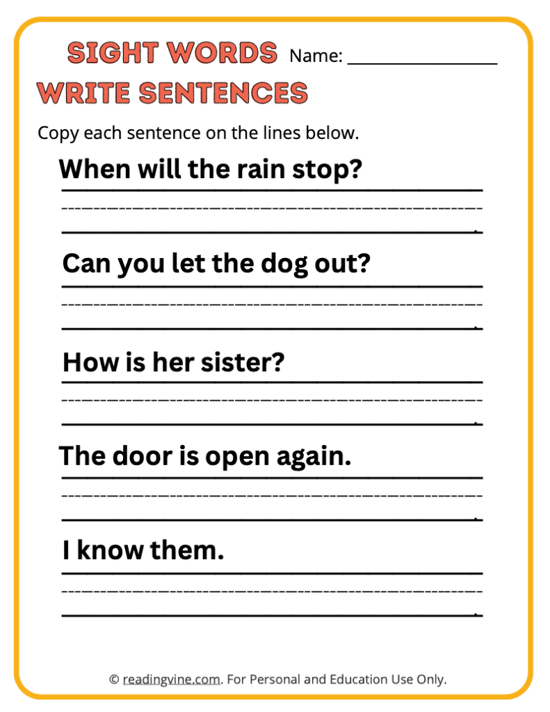 1st Grade Copy the Sentences Sight Words 4
