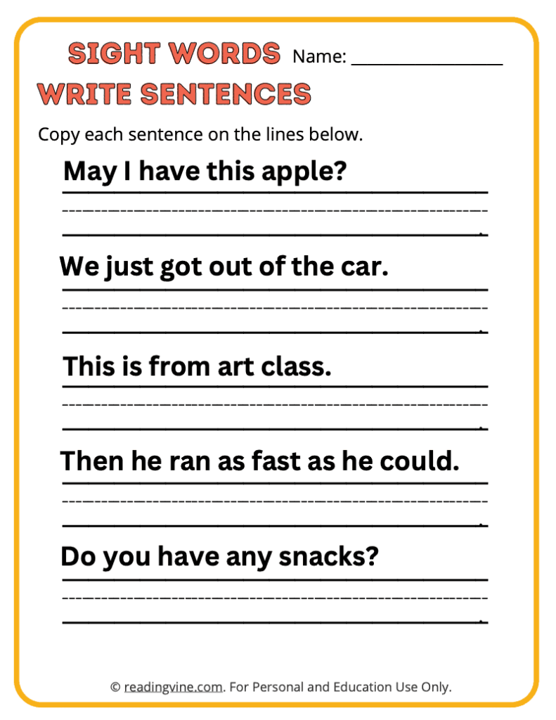 1st Grade Copy the Sentences Sight Words 5