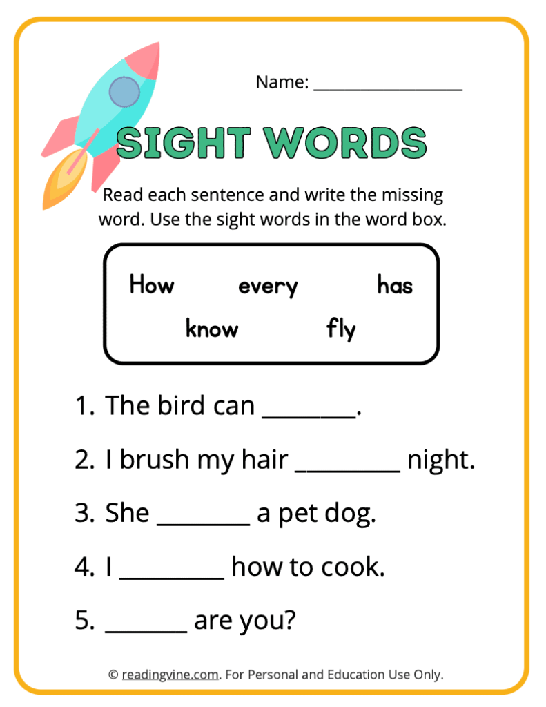1st Grade Fill in the Blank Sight Words 1