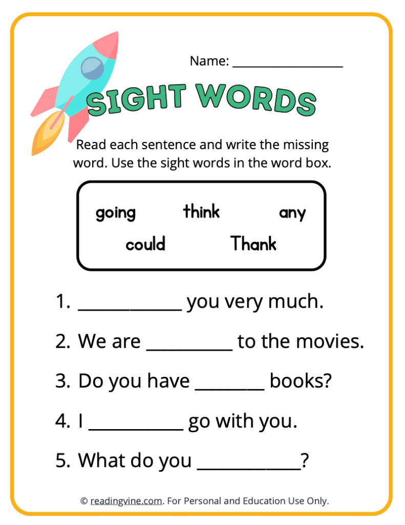 1st Grade Fill in the Blank Sight Words 3