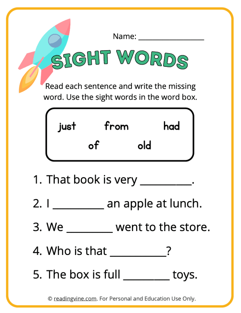 1st Grade Fill in the Blank Sight Words 4
