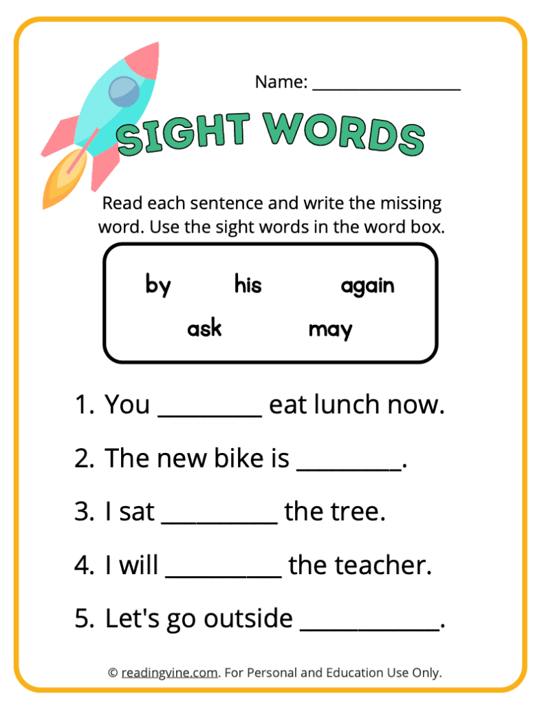 1st Grade Fill in the Blank Sight Words 6