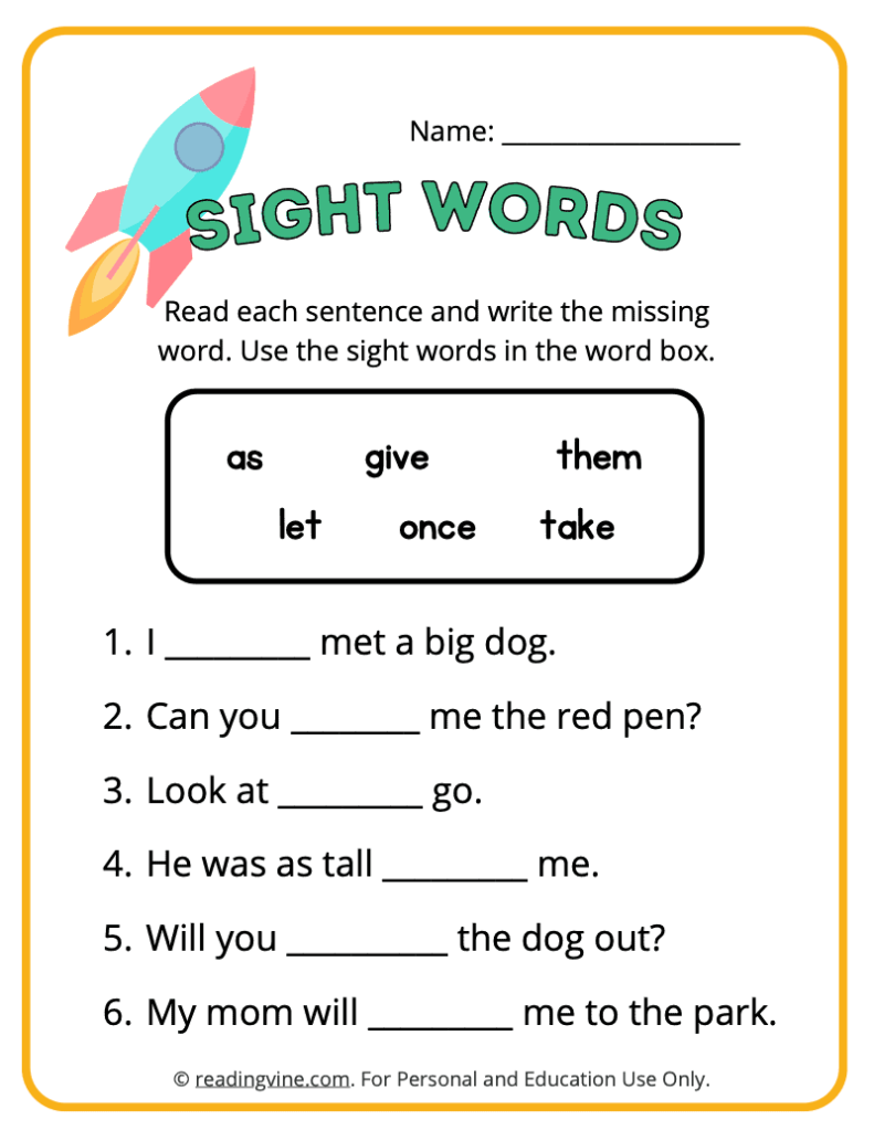 1st Grade Fill in the Blank Sight Words 8