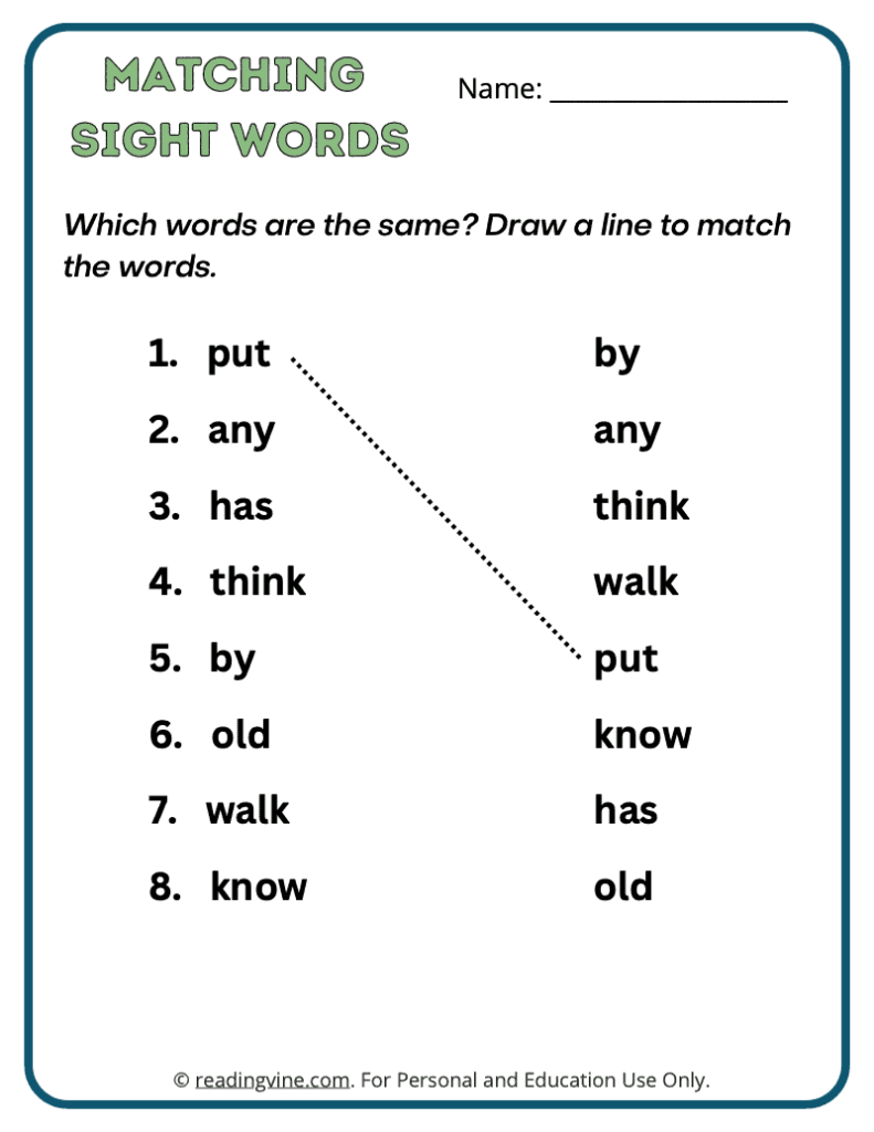 1st Grade Matching Sight Words 3