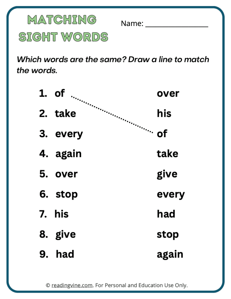 1st Grade Matching Sight Words 5