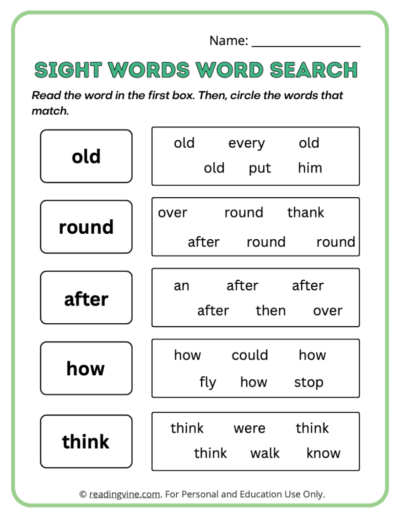 1st Grade Word Search Sight Words 2