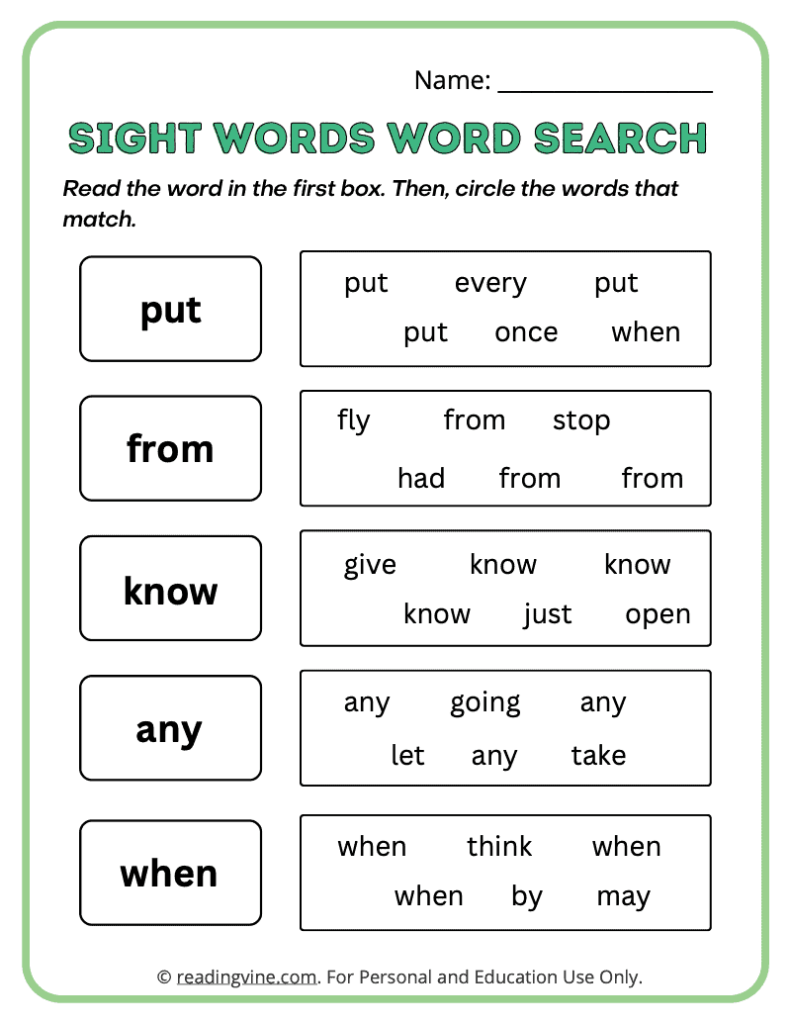 1st Grade Word Search Sight Words 3