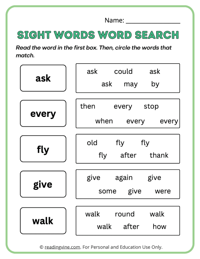 1st Grade Word Search Sight Words 6
