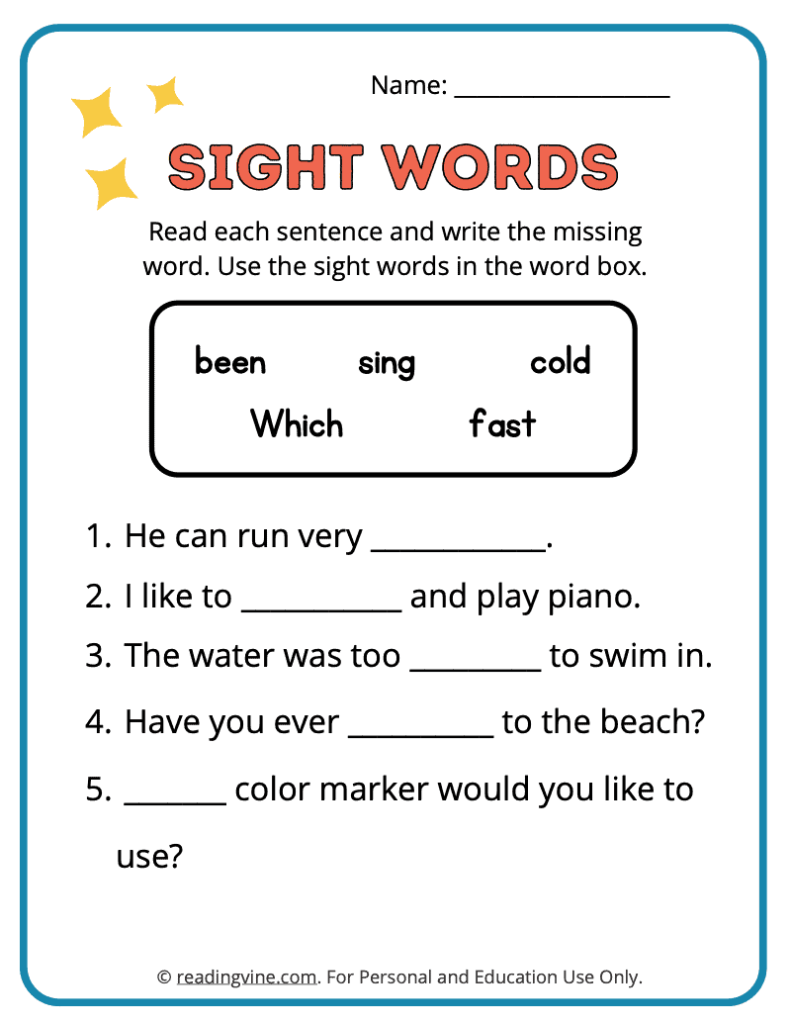 2nd Grade Fill in the Blank Sight Words 1