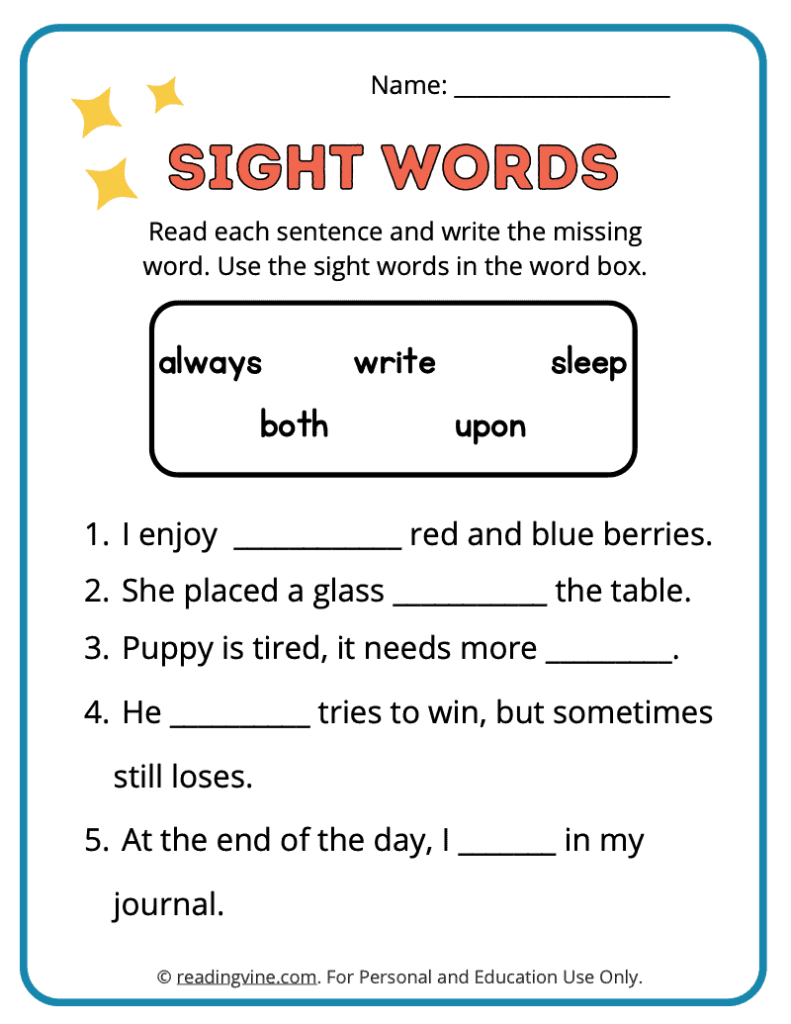 2nd Grade Fill in the Blank Sight Words 2