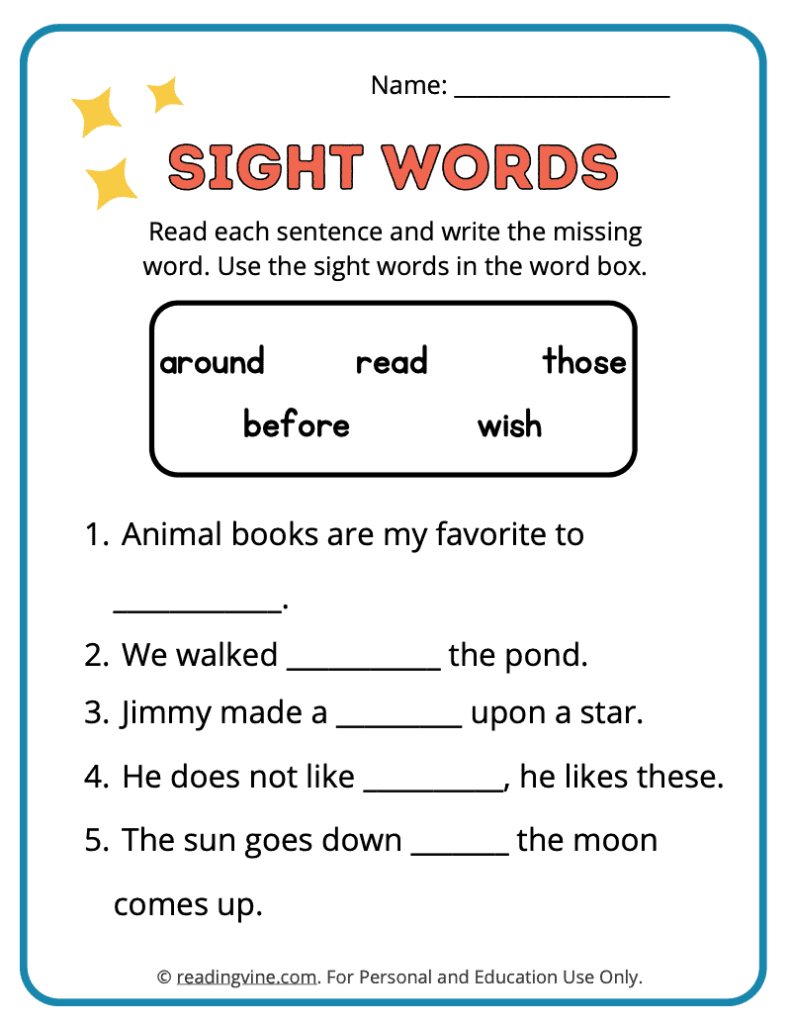 2nd Grade Fill in the Blank Sight Words 3