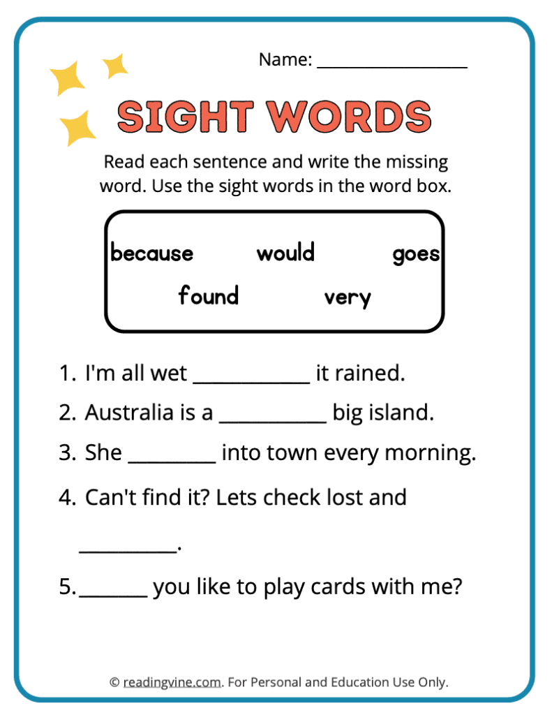 2nd Grade Fill in the Blank Sight Words 4