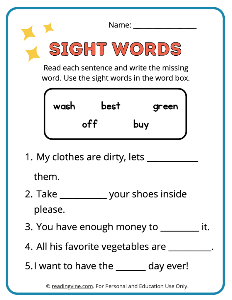 2nd Grade Fill in the Blank Sight Words 5