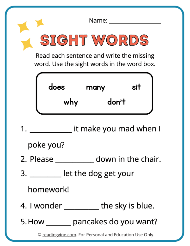 2nd Grade Fill in the Blank Sight Words 7