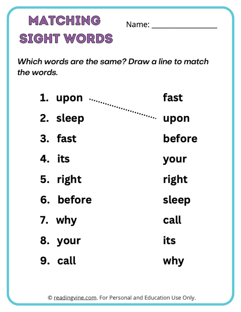 2nd Grade Matching Sight Words 1