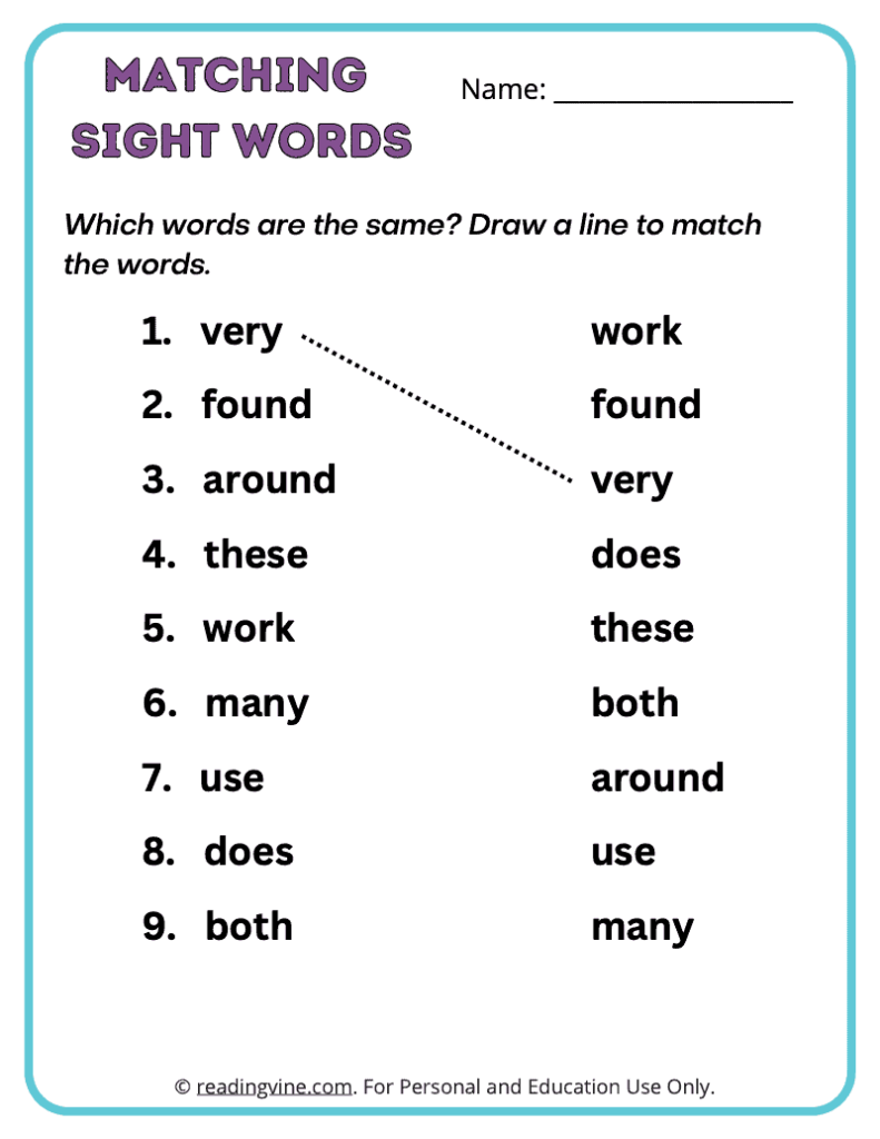 2nd Grade Matching Sight Words 2