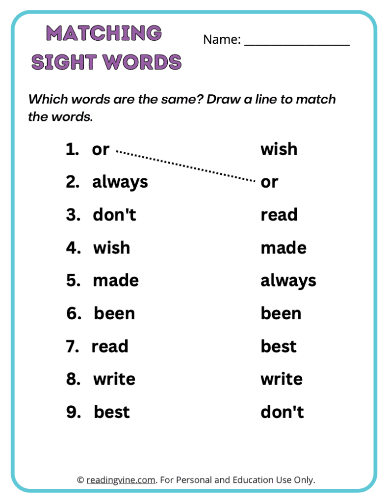 2nd Grade Matching Sight Words 4