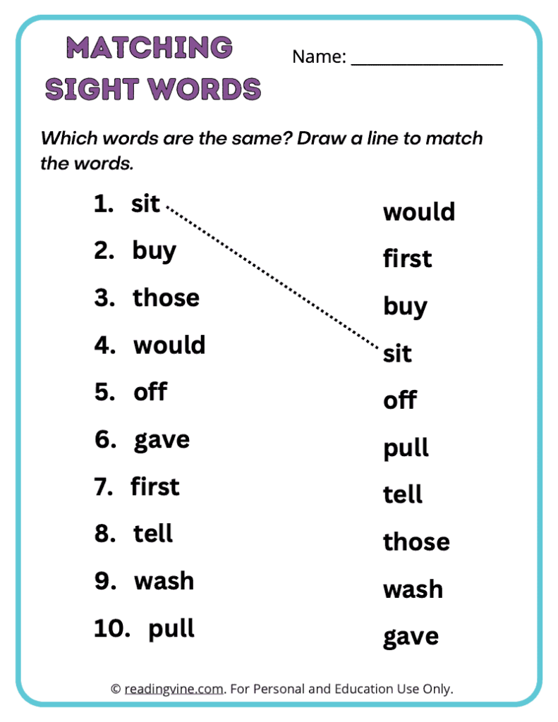 2nd Grade Matching Sight Words 5