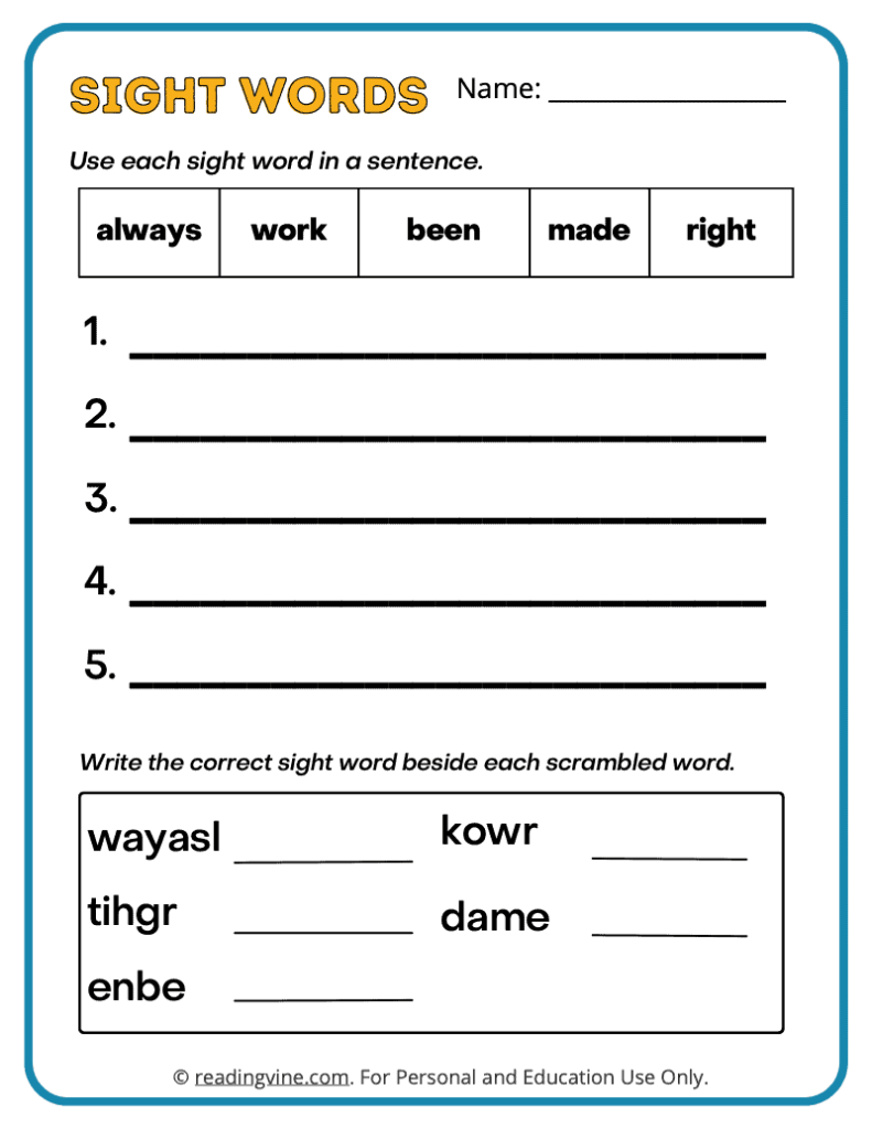 2nd Grade Write a Sentence Sight Words 1