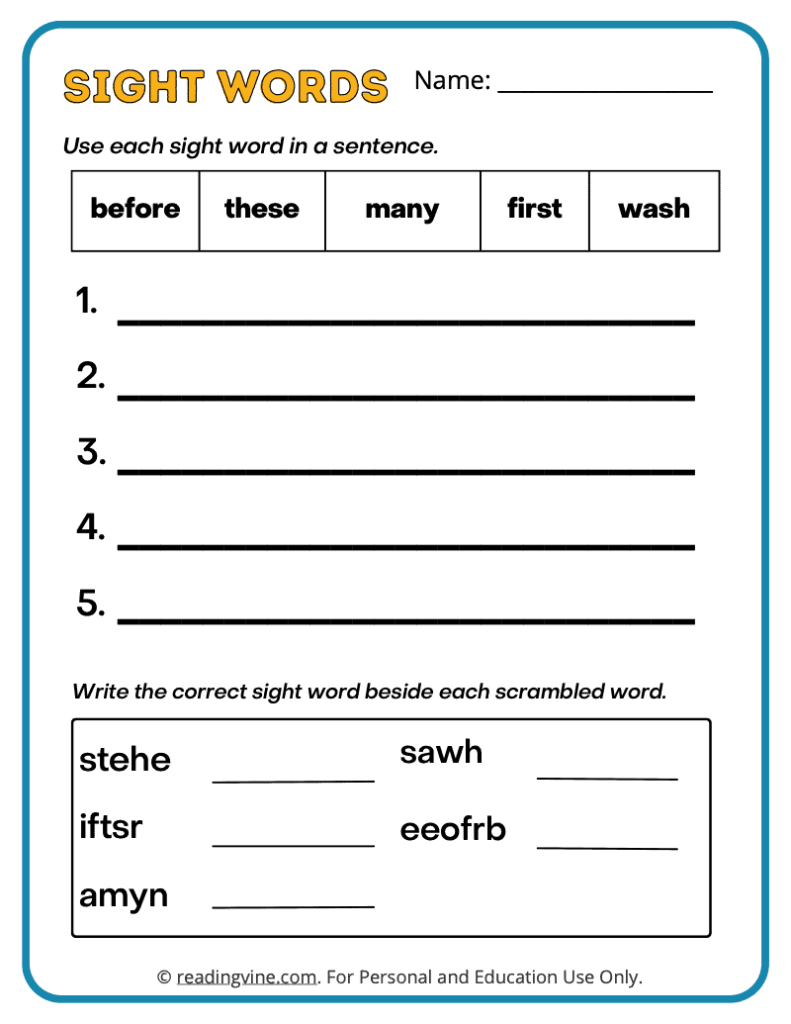 2nd Grade Write a Sentence Sight Words 3
