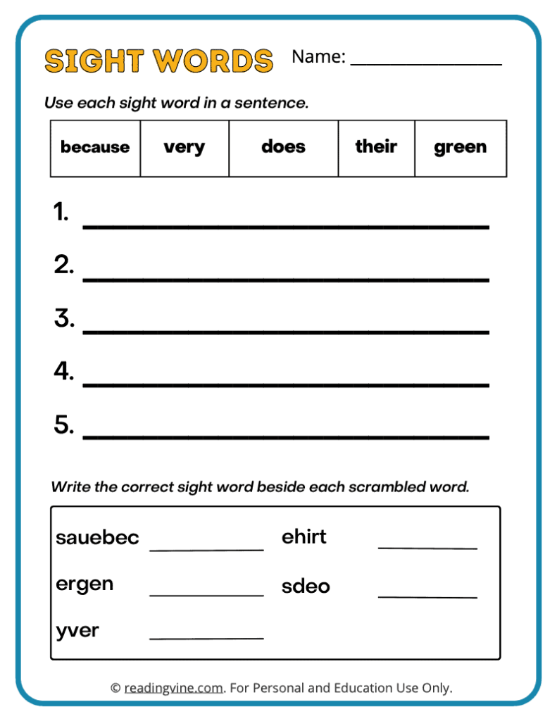 2nd Grade Write a Sentence Sight Words 4