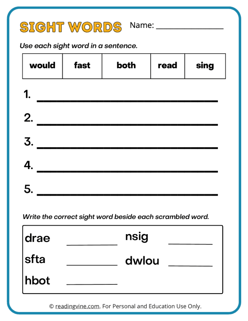 2nd Grade Write a Sentence Sight Words 5