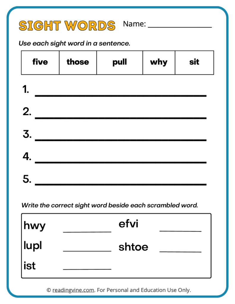 2nd Grade Write a Sentence Sight Words 7