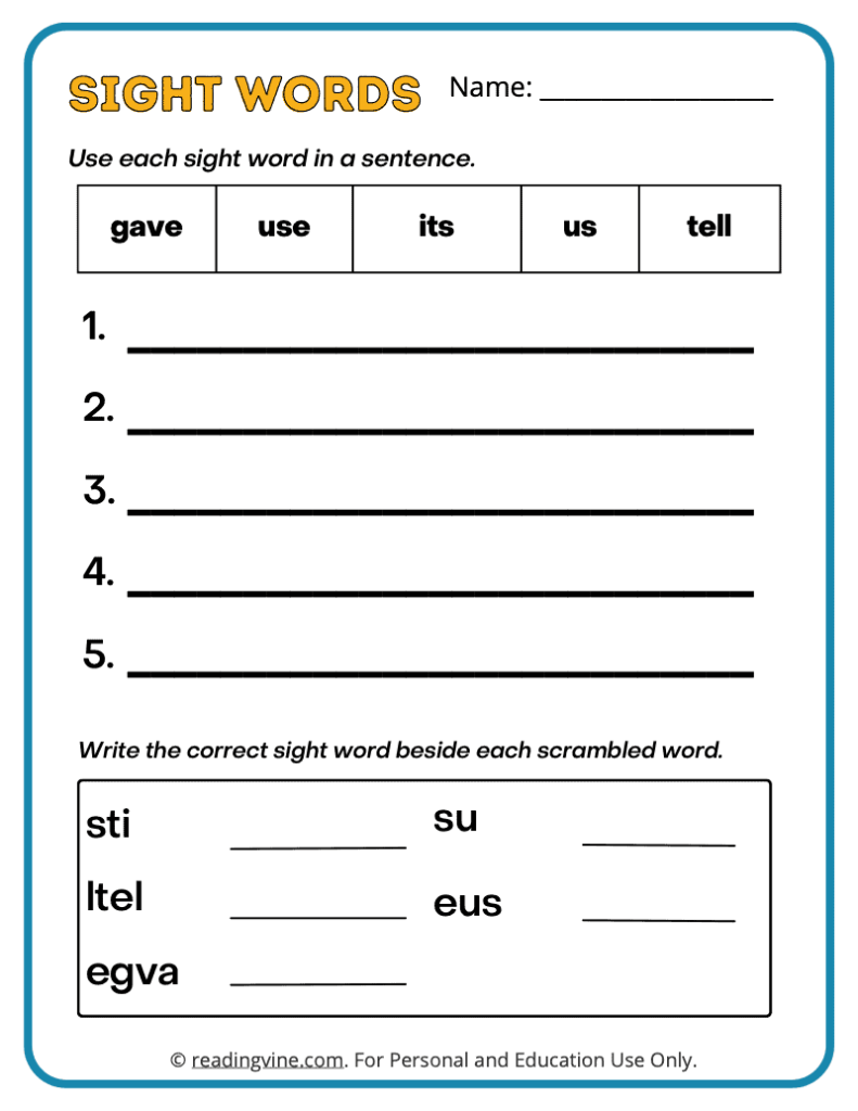 2nd Grade Write a Sentence Sight Words 9
