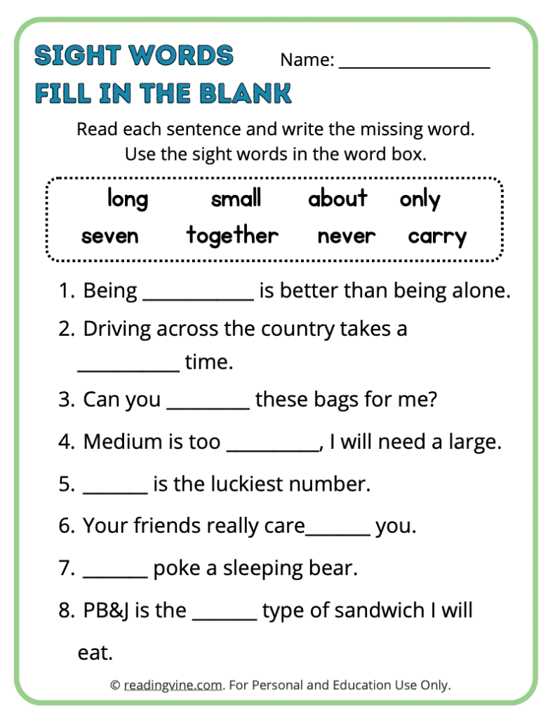 3rd Grade Fill in the Blank Sight Words 1