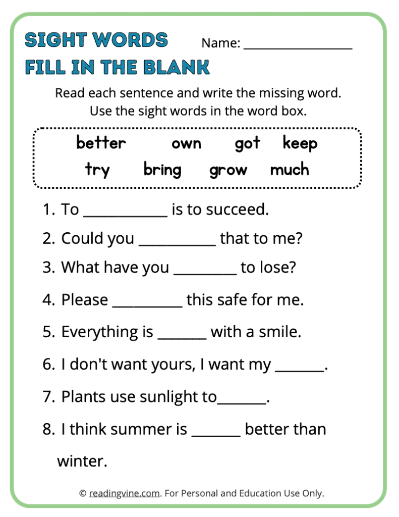 3rd Grade Fill in the Blank Sight Words 2