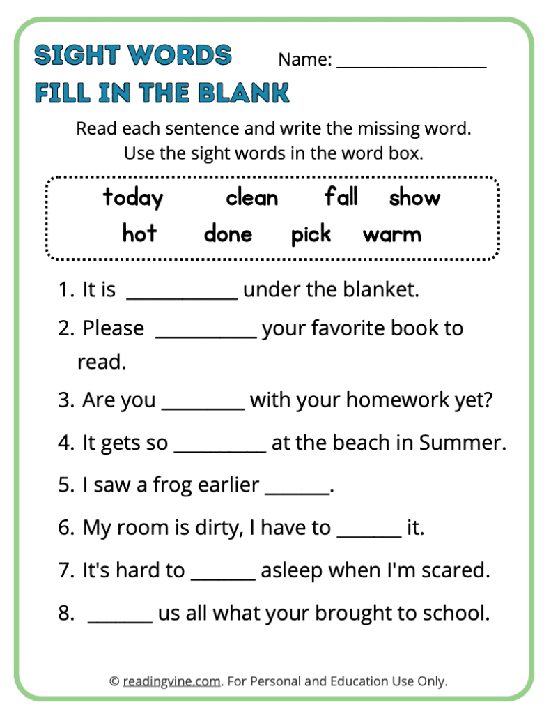 3rd Grade Fill in the Blank Sight Words 3
