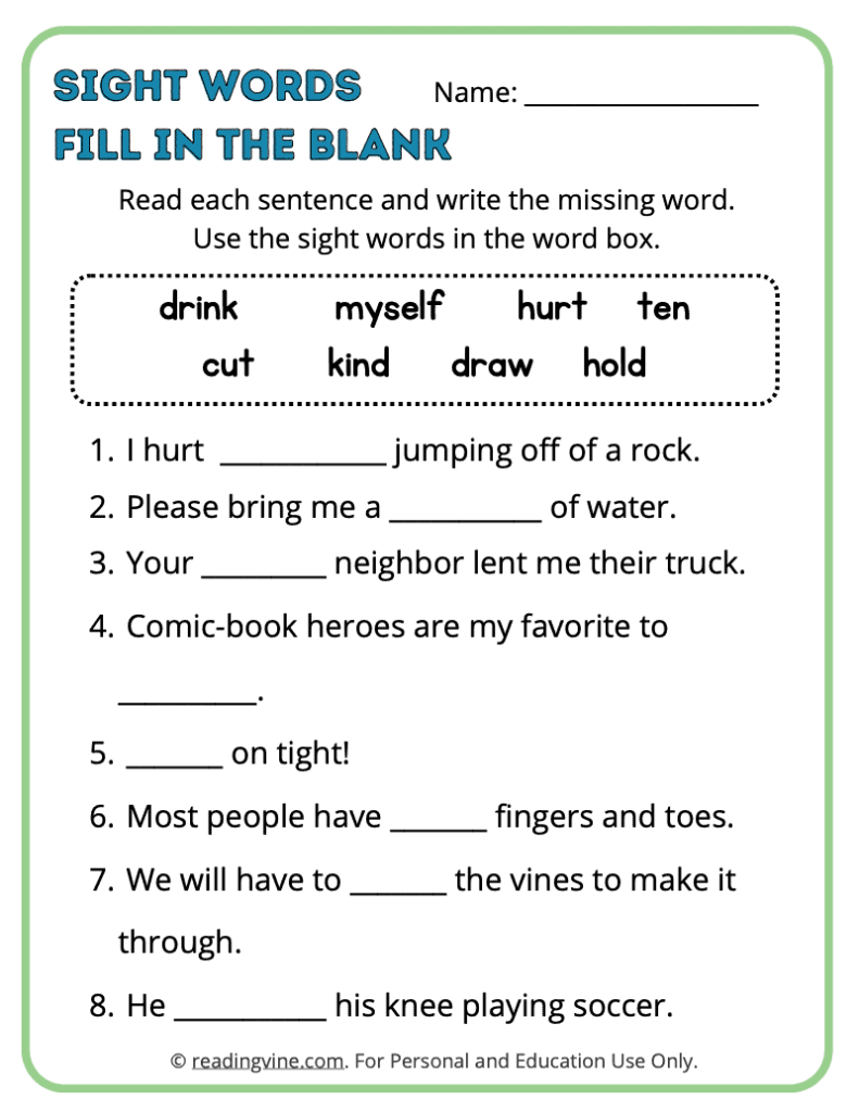 3rd Grade Fill in the Blank Sight Words 4