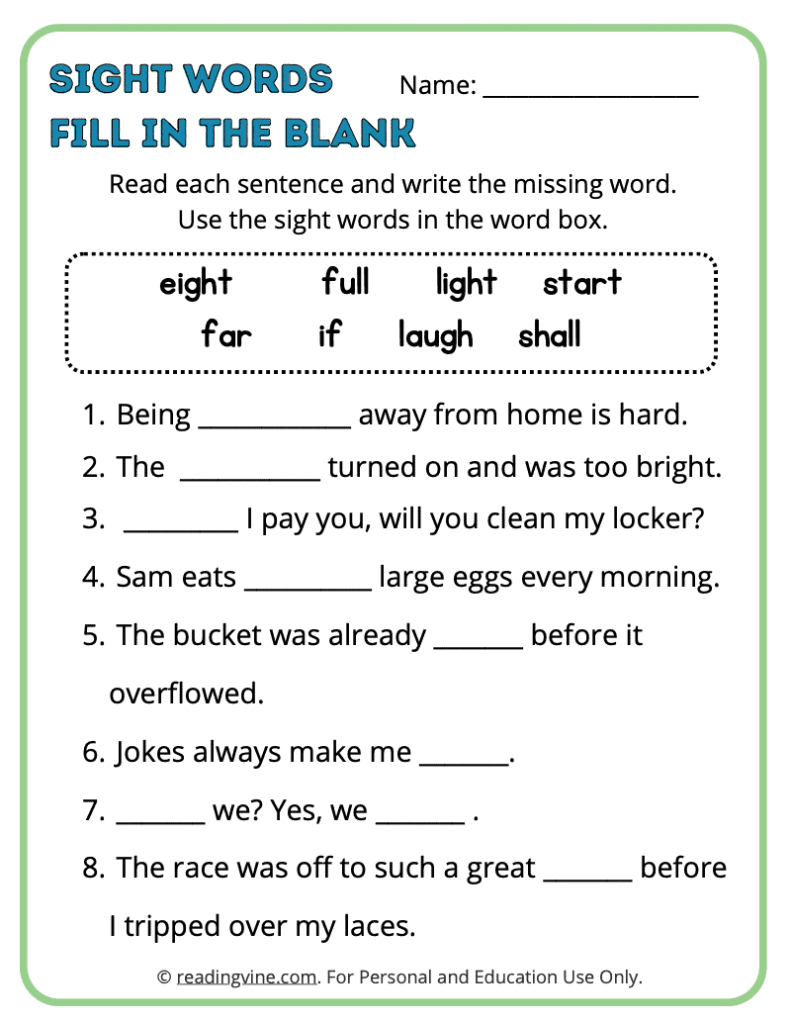 3rd Grade Fill in the Blank Sight Words 5