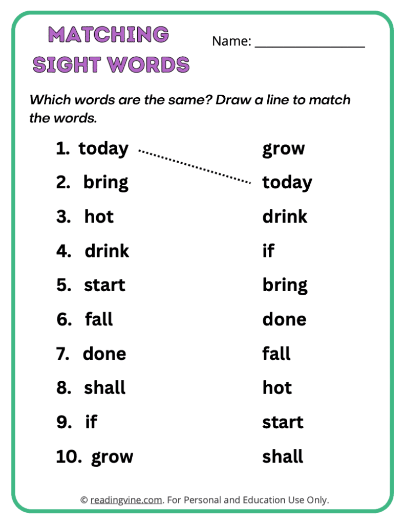 3rd Grade Matching Sight Words 2