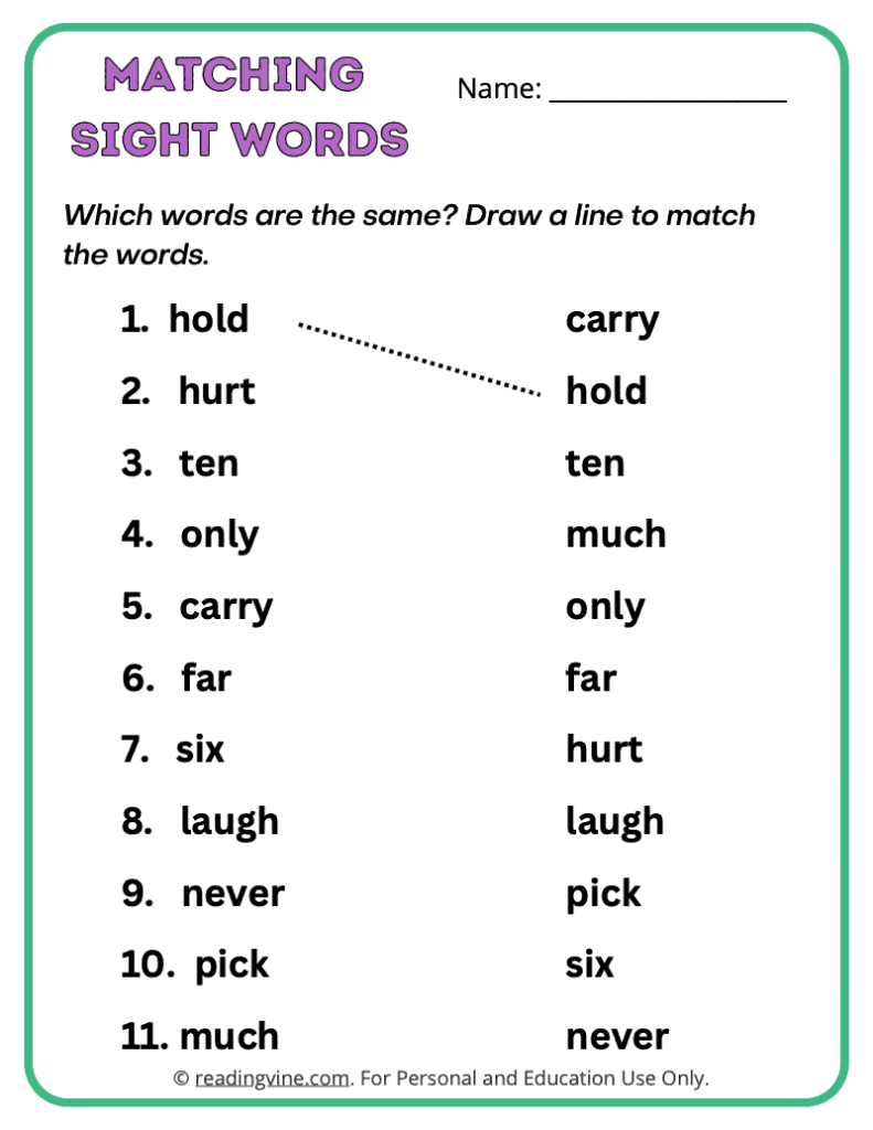 3rd Grade Matching Sight Words 4