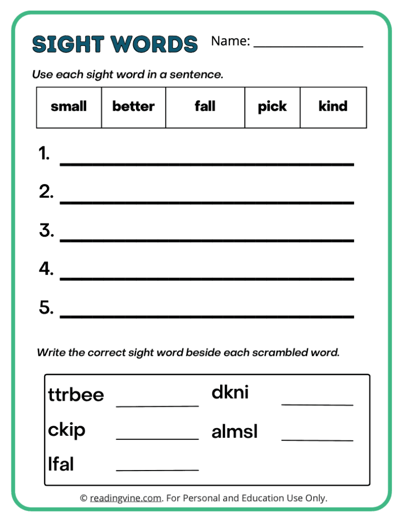 3rd Grade Write Sentence Sight Words 4