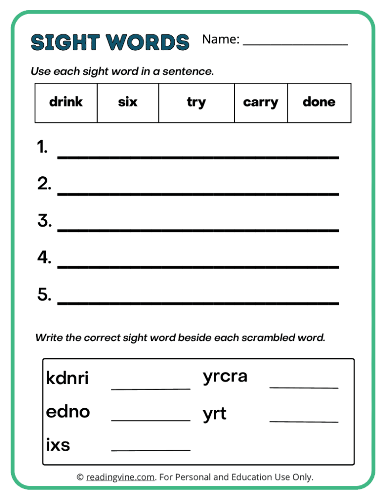 3rd Grade Write Sentence Sight Words 5