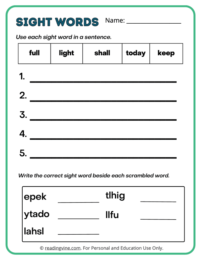 3rd Grade Write Sentence Sight Words 6