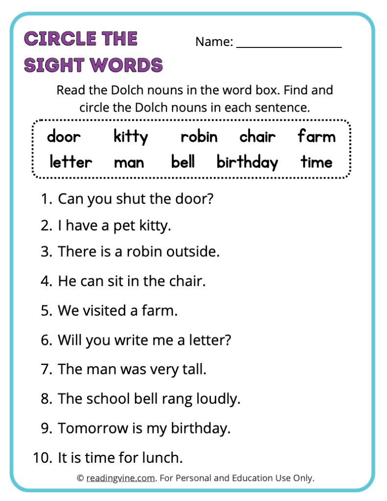 Dolch-Nouns-Circle-Sight-Words 1
