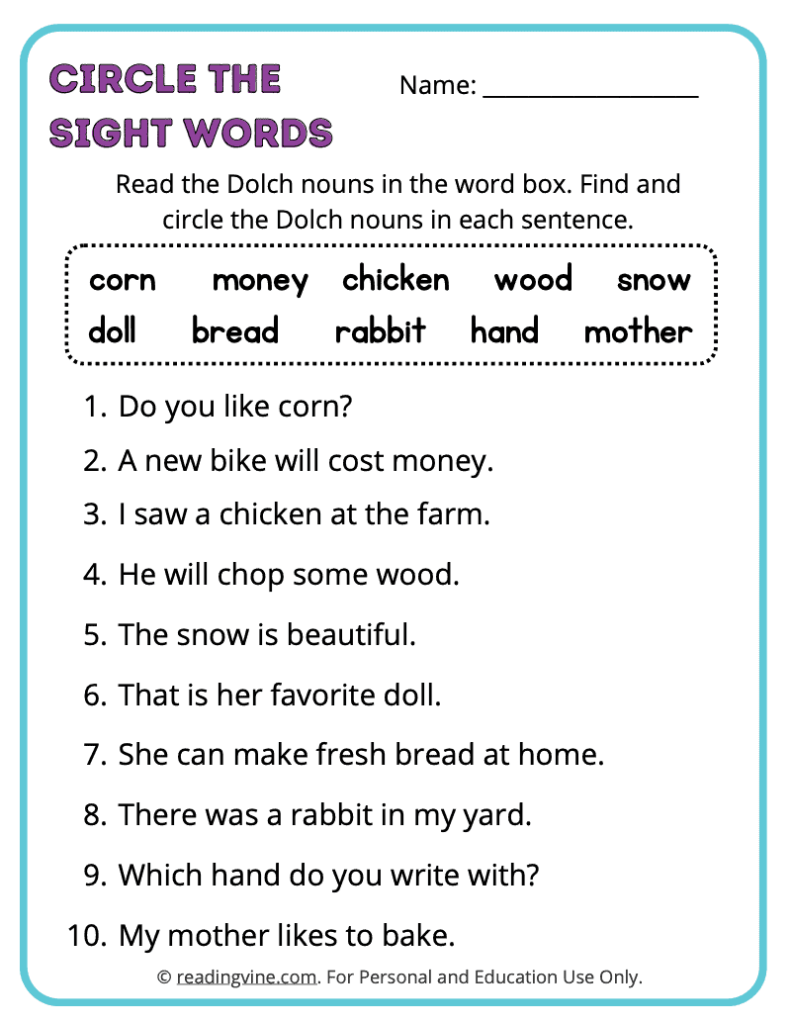 Dolch-Nouns-Circle-Sight-Words 8