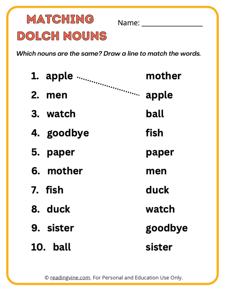 Dolch-Nouns-Matching-Sight-Words 1