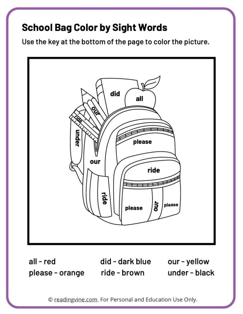 Kindergarten Color by Sight Words Worksheet 2
