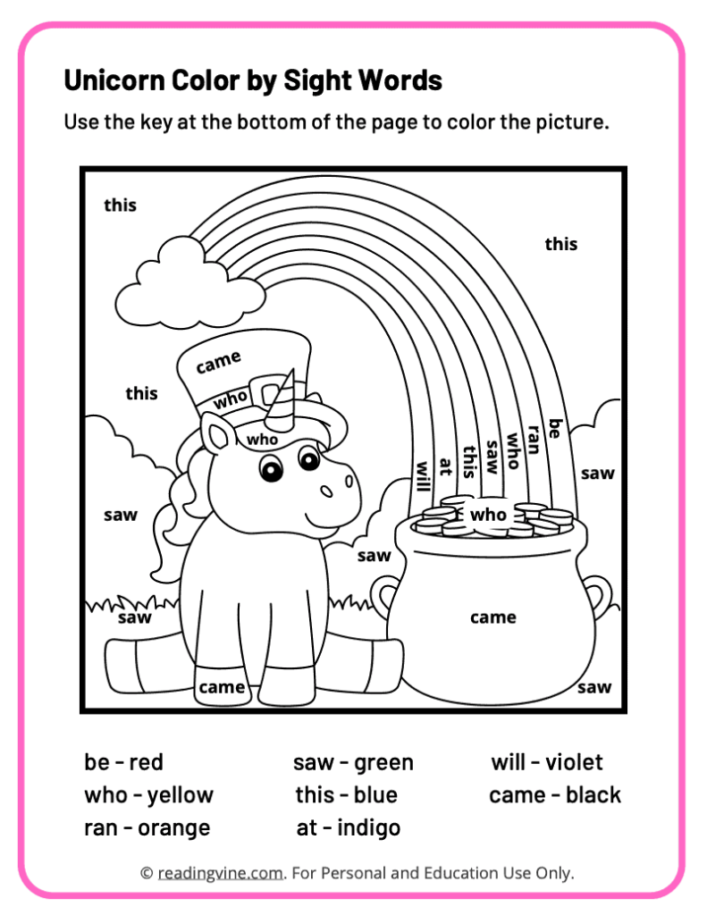Kindergarten Color by Sight Words Worksheet 4